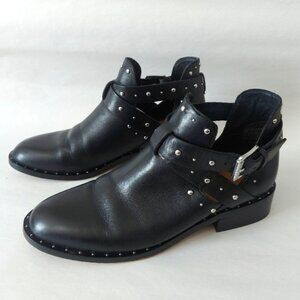 Halogen Women Hailey Ankle Studded Boots Black Leather Strappy Buckle Comfy Heel